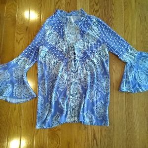 Free people mystery tunic bell sleeve blouse shirt blue print xs small